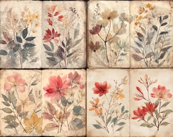 May include: A collection of eight watercolor illustrations of various flowers and foliage. The artwork features a vintage aesthetic with soft colors, including reds, yellows, and greens, set against a textured, aged paper background. The botanical theme is prominent.