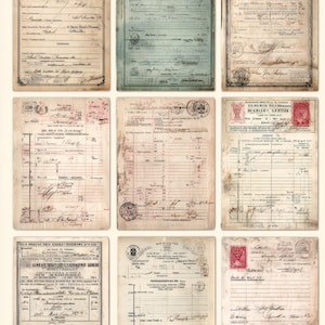 Op de afbeelding: Een verzameling van negen vintage documenten met verouderde papiertexturen. De documenten bevatten handgeschreven tekst, stempels en vervaagde inkt, wat wijst op historische archieven of correspondentie. Het kleurenpalet is voornamelijk beige, met accenten van blauw, rood en zwart.