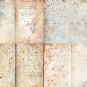 May include: A collection of six aged, parchment-style paper sheets featuring vintage celestial maps, star constellations, and handwritten cursive script. The paper has a weathered, stained texture with sepia and tan tones, displaying intricate ink drawings of astronomical charts and scientific notations.