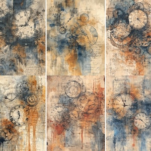 May include: A collage of six panels featuring a vintage aesthetic. Each panel showcases watercolor-style artwork with clocks, gears, and handwritten script. The color palette includes shades of brown, blue, and orange, creating a distressed, antique appearance.