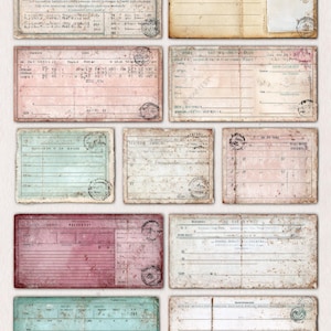 Op de afbeelding: Een verzameling vintage ephemera, waaronder verouderde bonnen en documenten. De papieren hebben vervaagde kleuren roze, blauw en beige, met stempels en handgeschreven tekst. De algehele esthetiek is antiek en verweerd.