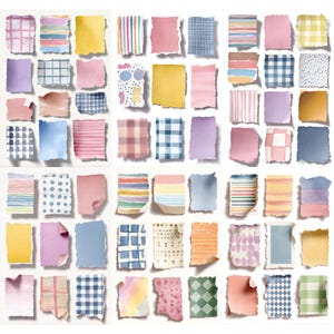 以下が含まれることがあります： さまざまなパターンとテクスチャを持つ、カラフルな破れた紙のコレクション。 ピンク、青、黄色、紫の色合いで、ストライプ、チェック柄、水玉模様、水彩画が特徴です。 エッジは意図的に粗く、手作りの美学を与えています。