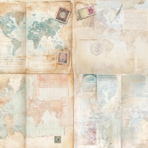 Sidor med vintage världskartor, bakgrunder för skräpjournaler för resor, antika kartkollagepapper, scrapbookingtillbehör, digital nedladdning