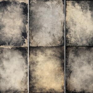 May include: Six textured paper backgrounds with a distressed, aged appearance. Each has dark edges and a faded centre. The colour palette includes shades of grey, beige, and black, creating a vintage aesthetic, suitable for various design projects.