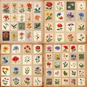 Puede incluir: Una colección de sellos postales de estilo vintage con ilustraciones botánicas de varias flores. Los sellos muestran una variedad de flores coloridas, incluyendo lirios, amapolas y margaritas, en una gama de colores sobre un fondo neutro.