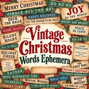 Può includere: Una collezione di etichette rettangolari in carta con frasi natalizie in stile vintage, tra cui Merry Christmas, Joy to the World, Silent Night e Season's Greetings. Il testo centrale recita Vintage Christmas Words Ephemera.