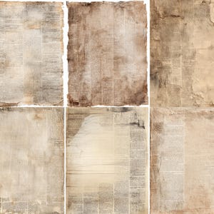 Puede incluir: Un collage de seis hojas de papel envejecido con texto visible, con una estética vintage. Los papeles tienen un aspecto desgastado con bordes rasgados y una paleta de colores sepia descolorida, lo que sugiere un tema histórico o antiguo.