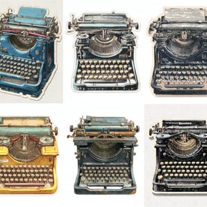 May include: Six vintage typewriter stickers in different colours. The typewriters feature detailed keys, rollers, and paper guides. Colours include blue, black, yellow, and green. The stickers are on a white background.