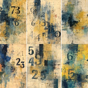 Puede incluir: Impresión artística abstracta con un collage de números y pinceladas en tonos azules, amarillos y beige. La obra de arte tiene una apariencia texturizada, con capas visibles y elementos manuscritos.