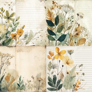 May include: A vintage-style paper design featuring watercolor illustrations of flowers and foliage in shades of yellow, green, and brown. The design includes lined pages, suggesting a journal or stationery theme.