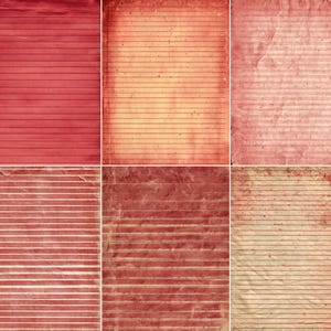 May include: A collage of six sheets of aged, lined paper in shades of red and cream. The paper has a vintage, distressed appearance with visible creases and imperfections, suggesting a worn or antique aesthetic. The lines are evenly spaced.
