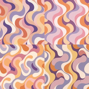 May include: A four-panel design featuring a repeating wavy pattern. The pattern incorporates a palette of colors including purple, orange, pink, and cream. The design has a retro, psychedelic aesthetic.