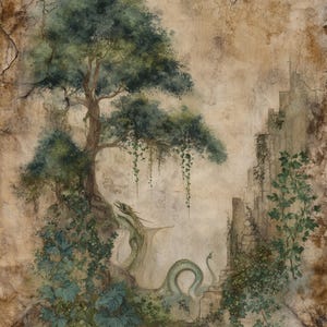 May include: An illustration of a green dragon in a fantasy landscape. The dragon is near a tree with green leaves and vines. The background is a textured, sepia-toned wall with a stone structure.