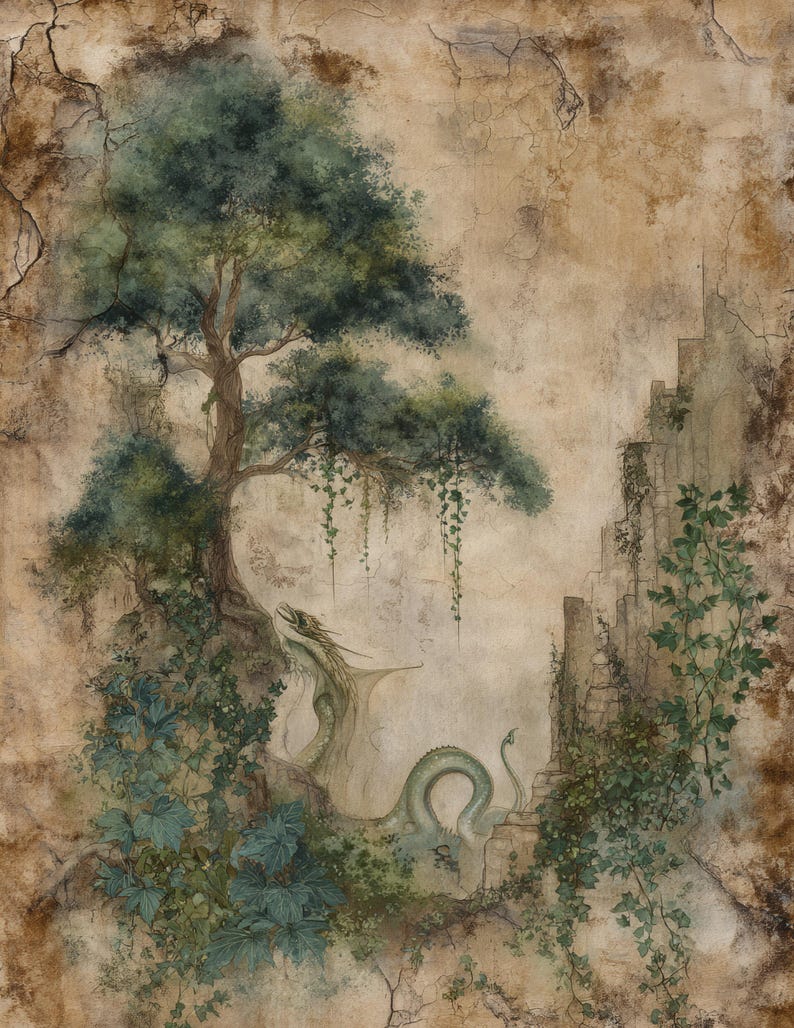 May include: An illustration of a green dragon in a fantasy landscape. The dragon is near a tree with green leaves and vines. The background is a textured, sepia-toned wall with a stone structure.