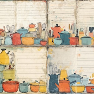 Peut inclure: Illustration à l'aquarelle d'une page de livre de cuisine avec divers ustensiles. L'image présente un assortiment de casseroles, poêles et fouets dans des tons de rouge, bleu, jaune et orange. Le fond est un papier de style vintage avec des pages lignées.