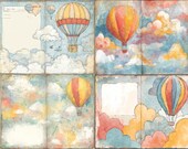 Printable scrapbook paper kids journaling kit with hot air balloon travel theme pastel skies and whimsical clouds digital writing pages