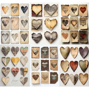 Puede incluir: Una colección de recortes de papel en forma de corazón y tarjetas de estilo vintage. Los corazones presentan varias texturas, colores y diseños, incluyendo bordes rasgados, imágenes impresas y papel envejecido. La estética general es rústica y romántica.