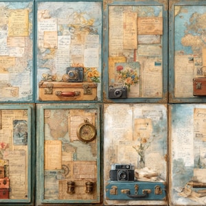 Vintage Reise Junk Journal Kit, 26 nostalgische Abenteuer Ephemera Seiten, alte Karte Scrapbook Papier, Retro Koffer Printable Set