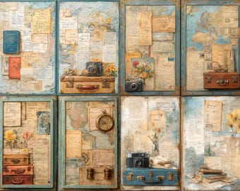Vintage Travel Junk Journal Kit, 26 Nostalgic Adventure Ephemera Pages, Old Map Scrapbook Paper, Retro Suitcase Printable Set