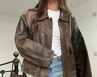 80s Oversize A2 Military Vintage Style Distressed Brown Real Leather Biker Jacket Handmade Womens Streetwear Bulky Leather Loose Fit Coat