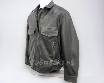90s Vintage A2 Distressed Dark Brown Military Style Womens Oversize Leather Jacket Loose Fit Moto Biker Streetwear Motorcycle Jacket
