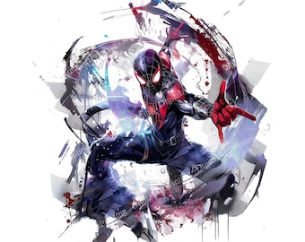 May include: A digital painting of Spider-Man in a black and red suit, with a blue and purple background. The image is stylized with brushstrokes and splatters of paint.