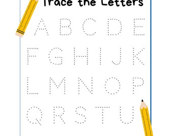 May include: A worksheet with dotted lines for tracing the letters of the alphabet. The letters are in uppercase and are arranged in alphabetical order. There are two yellow pencils on the page, one at the top and one at the bottom.