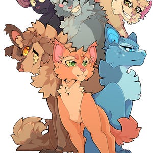 Puede incluir: Cinco animales de dibujos animados, un perro marrón y negro, un gato naranja claro, un perro azul, un gato gris y blanco y un gato negro y morado, están de pie juntos. Todos los animales sonríen y miran al espectador.