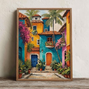 Mexico Travel Print, Printable Colorful Colonial Street Wall Art, Digital Download