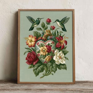 Mexican Sacred Heart Printable Wall Art, Hummingbird Corazon Folk Print, Cottage Bedroom Decor