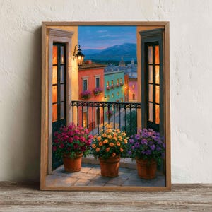 San Miguel de Allende Balcony View Printable Wall Art, Twilight Colonial Print, Romantic Rustic Bedroom Decor