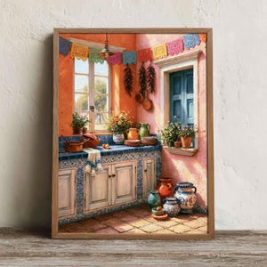 May include: A framed wall art print depicting a sunlit kitchen with orange walls, blue tiled counters, and a window. Colorful papel picado banners hang above. The scene includes potted plants, ceramic pottery, and a blue shuttered window.