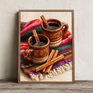 May include: A framed painting of two brown ceramic mugs filled with dark liquid and cinnamon sticks, resting on a vibrant, multi-colored striped textile with fringe. The mugs feature hand-painted floral details in red and green.