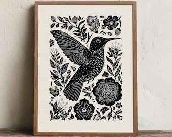 Mexican Hummingbird Print, Printable Folk Black And White Wall Art, Digital Download
