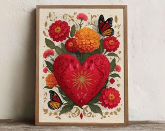 Mexican Sacred Heart Print, Printable Butterfly Flower Wall Art, Digital Download