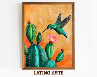 May include: A painting of a hummingbird hovering near a cactus with pink flowers. The background is a warm orange color. The painting is titled "LATINO ARTE".