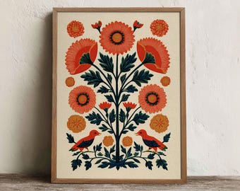 Otomi-bloemenprint, afdrukbare Mexicaanse volkskunst muurkunst, digitale download