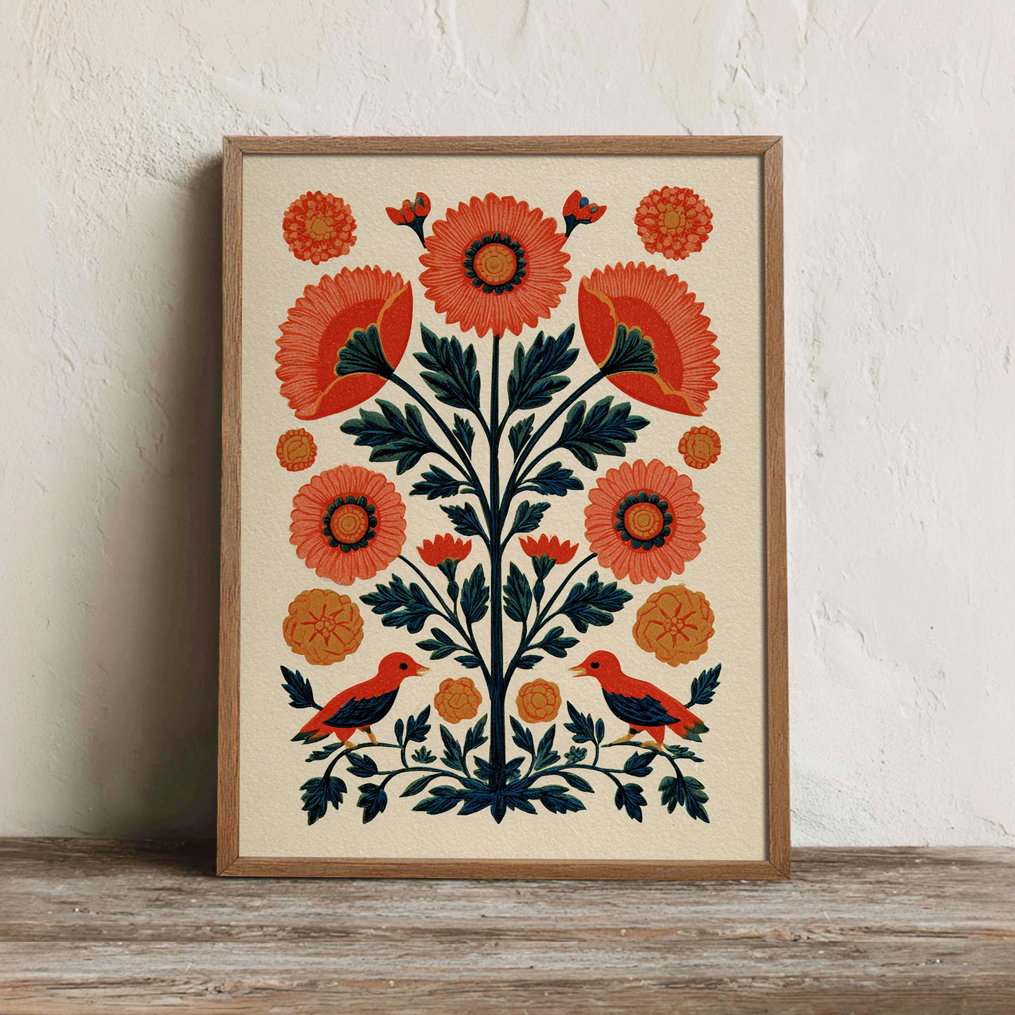 Otomi Floral Print, Printable Mexican Folk Art Wall Art, Digital