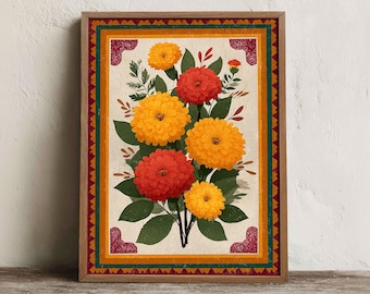 Mexican Marigold Bouquet Wall Art Printable, Cempasuchil Folk Print, Rustic Living Room Decor