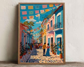 Mexican Street Print, Printable Colorful Town Wall Art, Digital Download