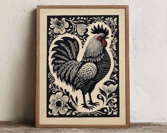 Mexican Rooster Print, Printable Folk Black And White Wall Art, Digital Download