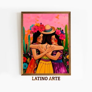 Printable Mexican Wall Art, Girl Friends Print, Eclectic Latin Painting, Hispanic Art, Digital Download, Traditional Mexican Folk Art