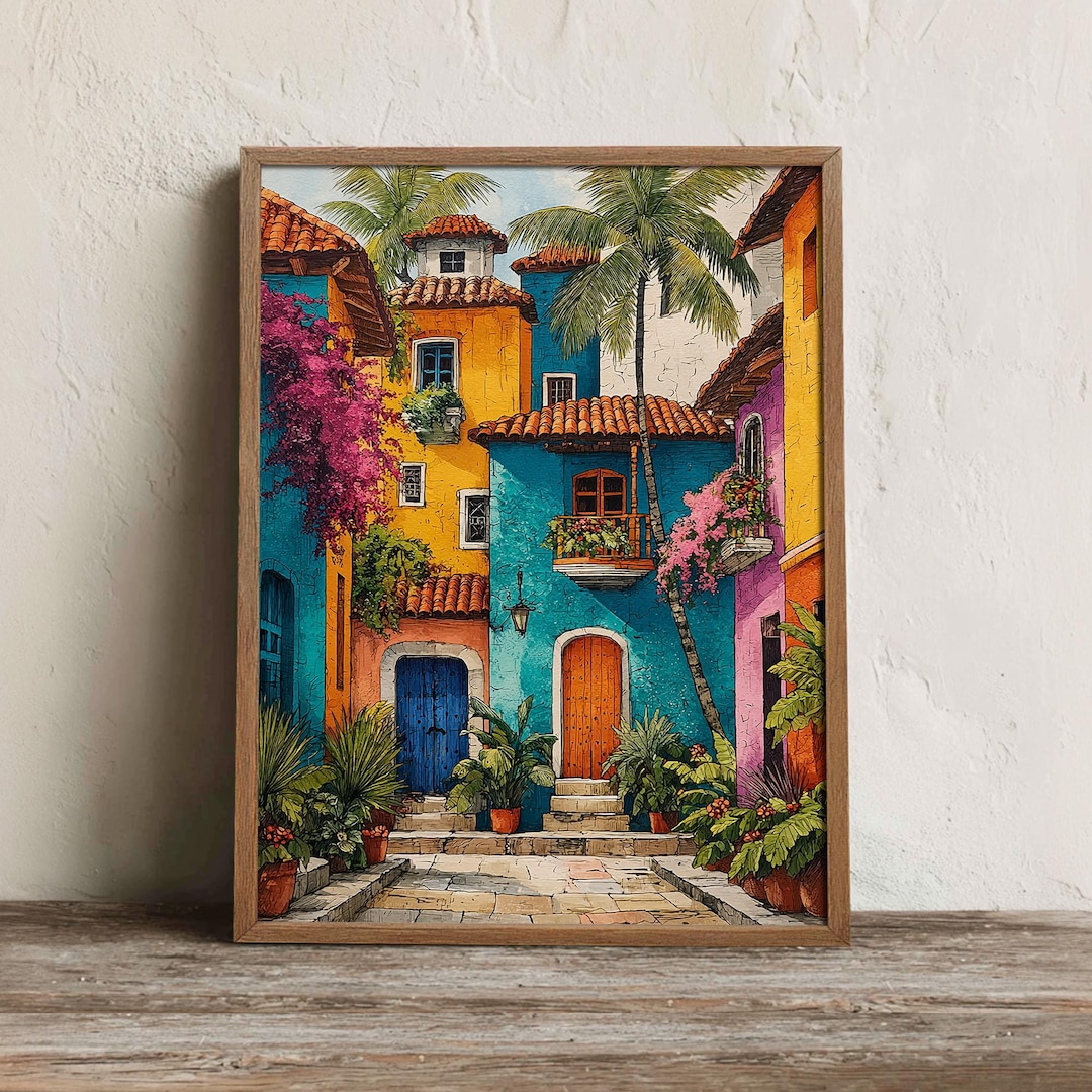 Mexico Travel Print, Printable Colorful Colonial Street Wall Art
