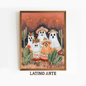 Halloween Ghost Family Print: Mexican Folk Art, Cactus Desert (Digital Download)