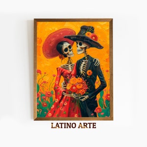 Catrina Skeleton Couple Printable Day of the Dead, Traditional Mexican Folk Art, Digital Latin Painting, Hispanic Wall Art