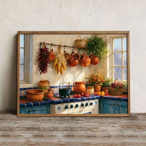 May include: A kitchen scene painting featuring blue tiled counters, terracotta pots, a hanging bundle of red chili peppers, dried corn, and a basket of flowers. The kitchen includes a stove, windows, and various ceramic cookware items.