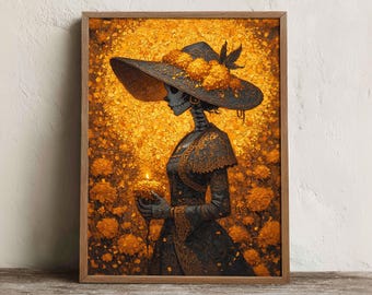 May include: A framed art print featuring a stylized depiction of a skeleton figure in a wide-brimmed hat and ornate dress, holding a lit candle. The artwork is set against a golden floral background, with a wooden frame. The color palette includes black, gold, and orange.
