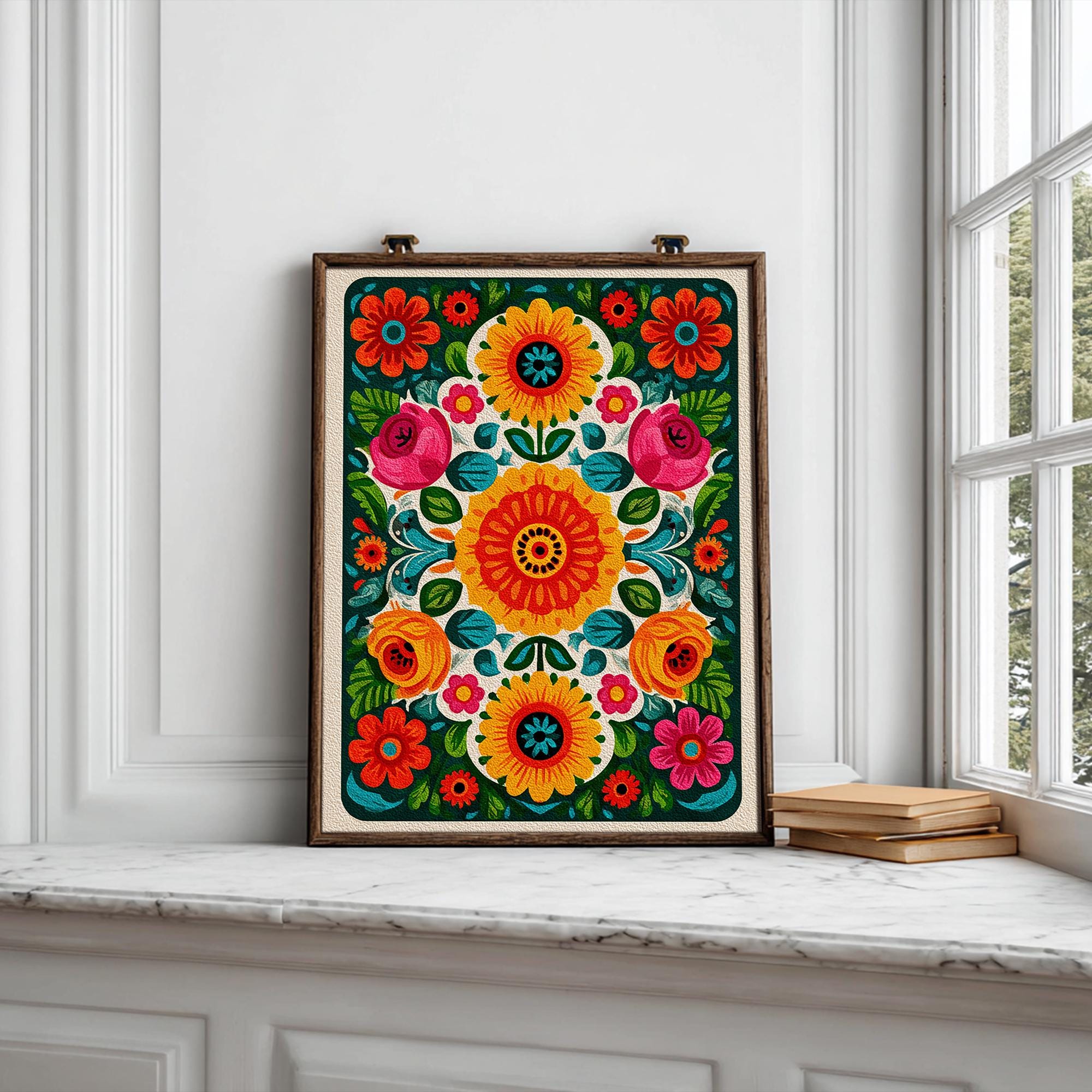 Mexican Floral Print, Printable Otomi Sunflower Wall Art, Digital