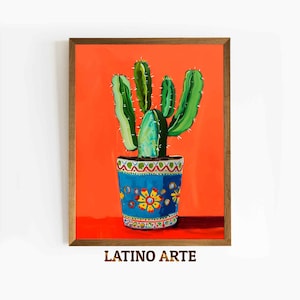 Mexikanische Wandkunst, Kaktus im Topf Druck, Helle Hispanic Kunst, Lateinische Malerei, Digital Download, Eklektisches Dekor