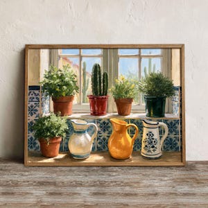 Mexican Kitchen Windowsill Wall Art Printable, Cactus Herb Garden Print, Rustic Dining Room Decor